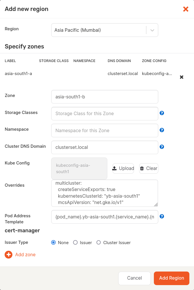 Add new region screen of YBA with GKE MCS Add new region screen of YBA with GKE MCS